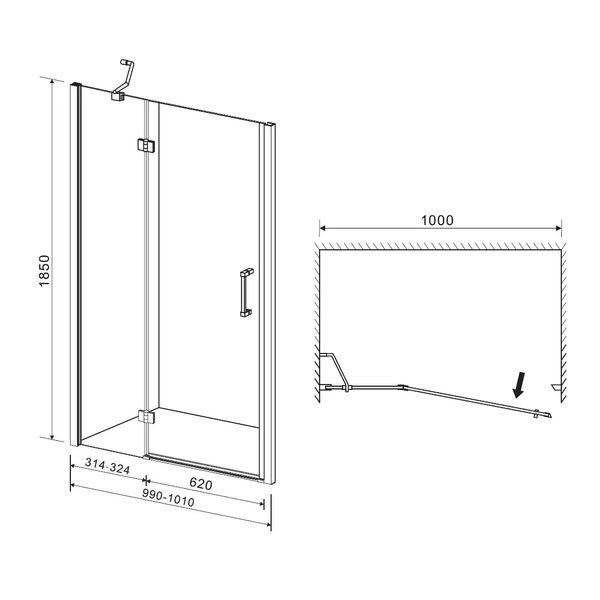 Двері для душової ніші EGER скляні універсальні розпашні двосекційні 185x100см прозорі 6мм профіль хром 599-701(h) 599-701(h) фото