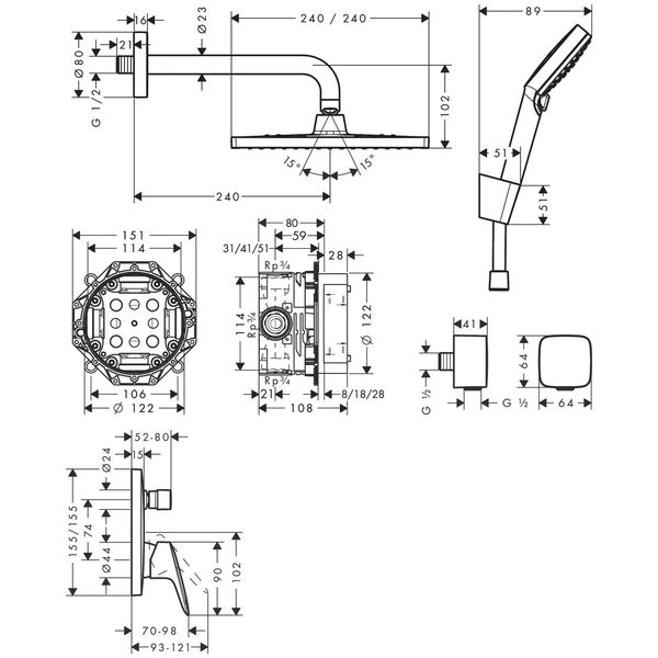 Душевая система скрытого монтажа HANSGROHE Crometta E с верхним душем латунная хром 27957000 27957000 фото